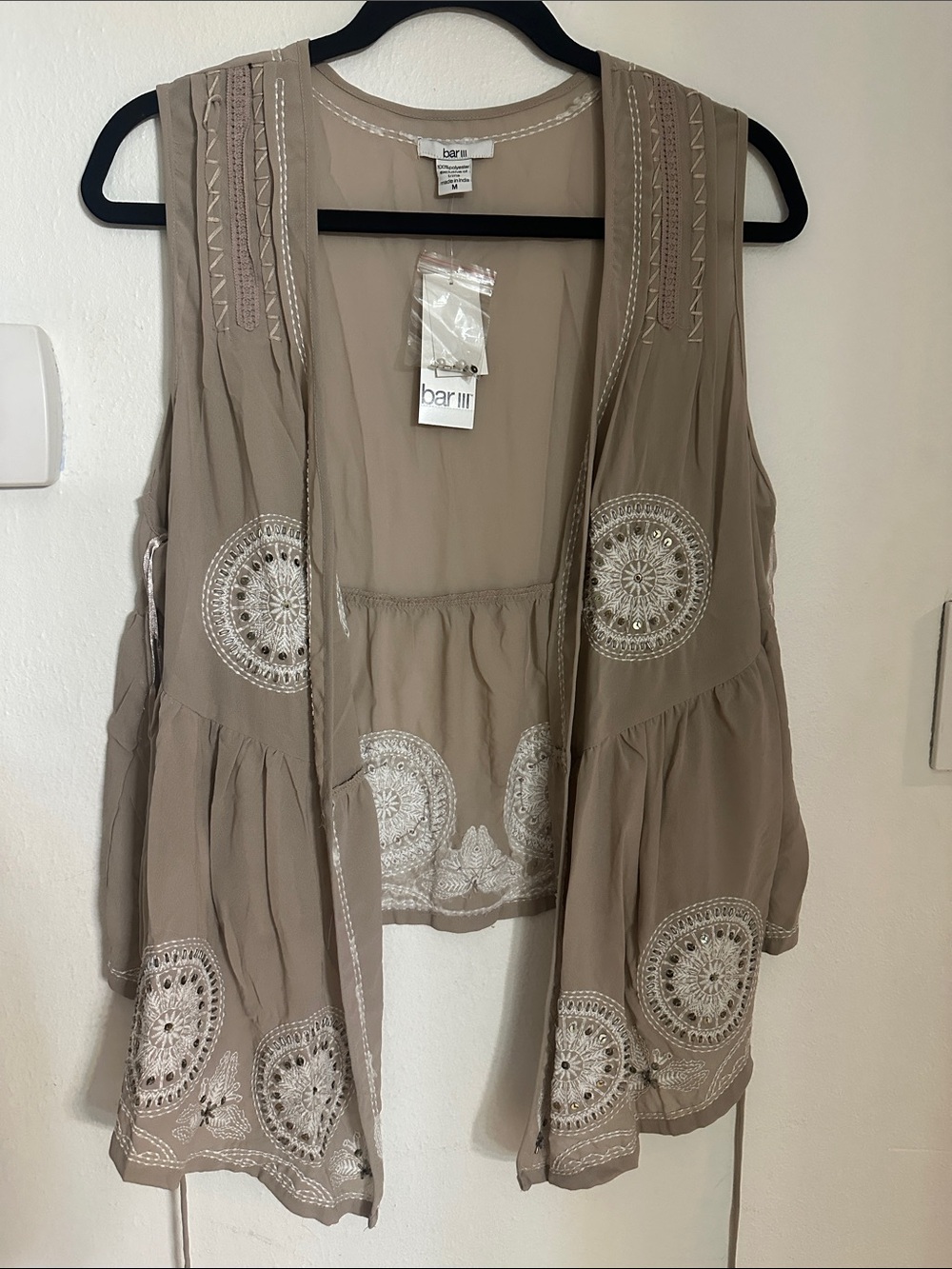 Bar III Taupe Open-Front Embroidered Vest